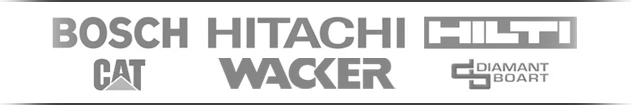 Logotipos de algunas de nuestra maquinaria: Bosch, Hitachi, Hilti, CAT, Wacker, Husqvarna